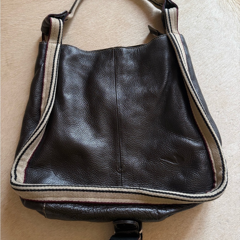 Chocolate brown Leather Tote/shoulder Bag with Striped Accents - Picture 10 of 12